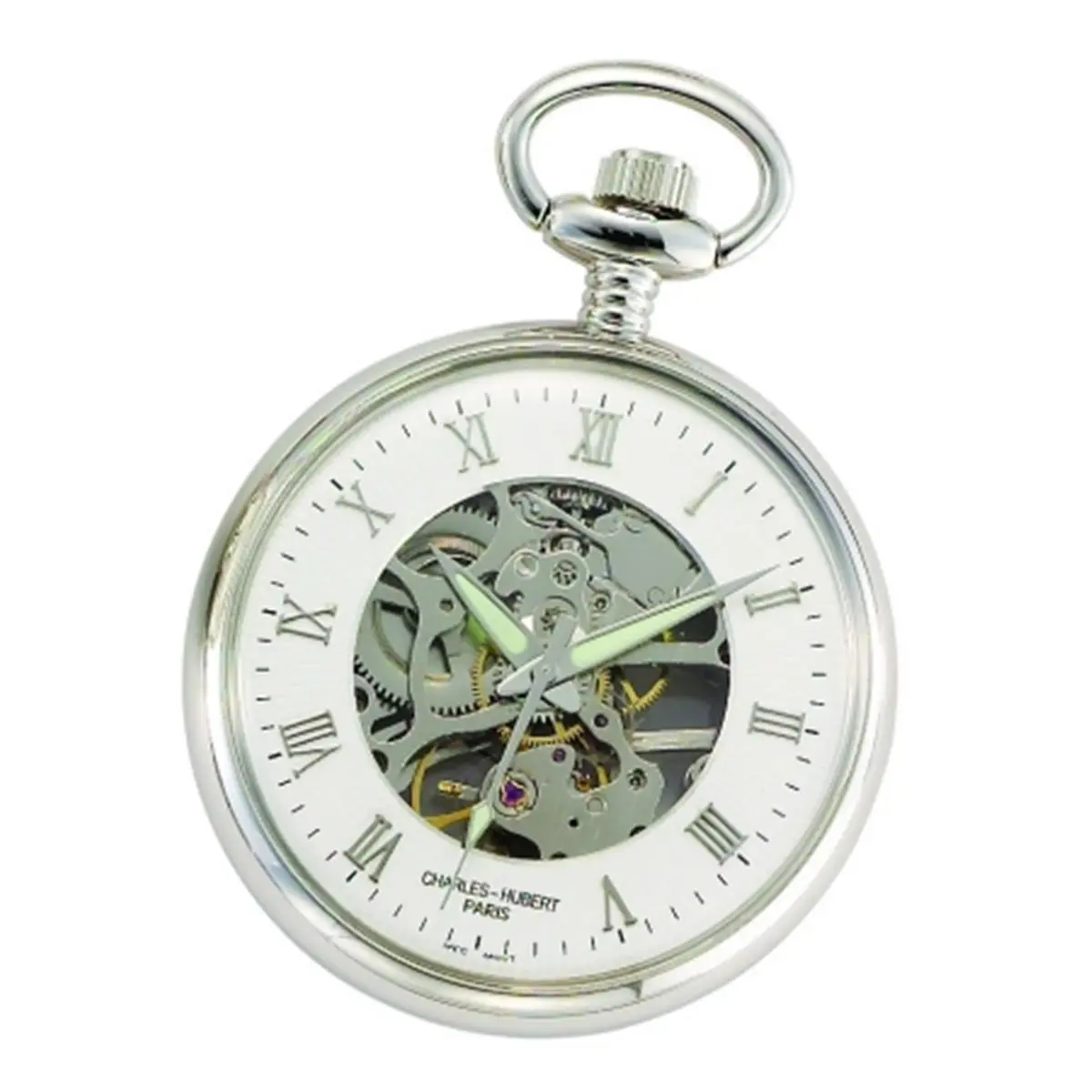 212 MAIN Charles-Hubert-Paris Brass Mechanical Open-Face Pocket Watch - 41mm, Roman Numerals, Skeleton Dial, Gift-Boxed (Fashion Women's Accessory)