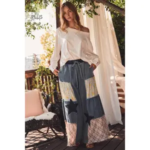 Plus Mixed Fabric Patchwork Wide Leg Pants