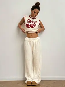 Women's Cherry Knit Sweater Vest Sleeveless Pullover Top – Vintage Graphic Jacquard Tank, Soft Ribbed Trim Y2K Aesthetic Preppy Streetwear Sporty Womenswear