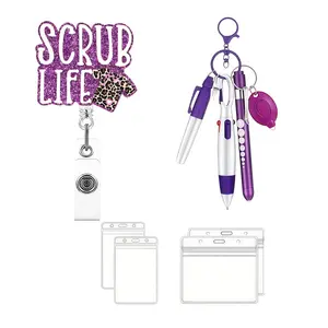 Expandable Badge Clip, Leopard Print Nurse Uniform Design, Includes Keychain Pen Set, Waterproof ID Card Holder, Suitable for Nurses & Office Use