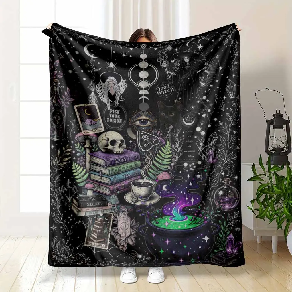 Mystical Witchcraft Celestial Moon Phase Print Flannel Blanket - Soft, Lightweight, Cozy Plush Bed Throw, Warm Fleece Bedding Essential for Living Room Couch, Bedroom Decor, Halloween Aesthetic Gifts