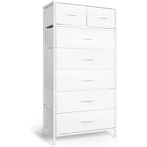 Tall Dresser for Bedroom, Vertical Storage Organizer Tower with 7 Drawers, Chest of Drawers with Fabric Bins, Steel Frame,  Top for Bedroom, Closet, Entryway- White