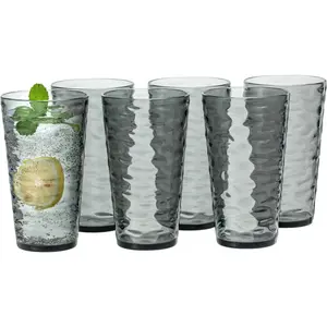 20oz  Glasses (Set of 6), Water-Ripple Design Shatter-Proof Plastic Cups,  Plastic Tumblers, Stackable, , Dishwasher-Safe (Grey)