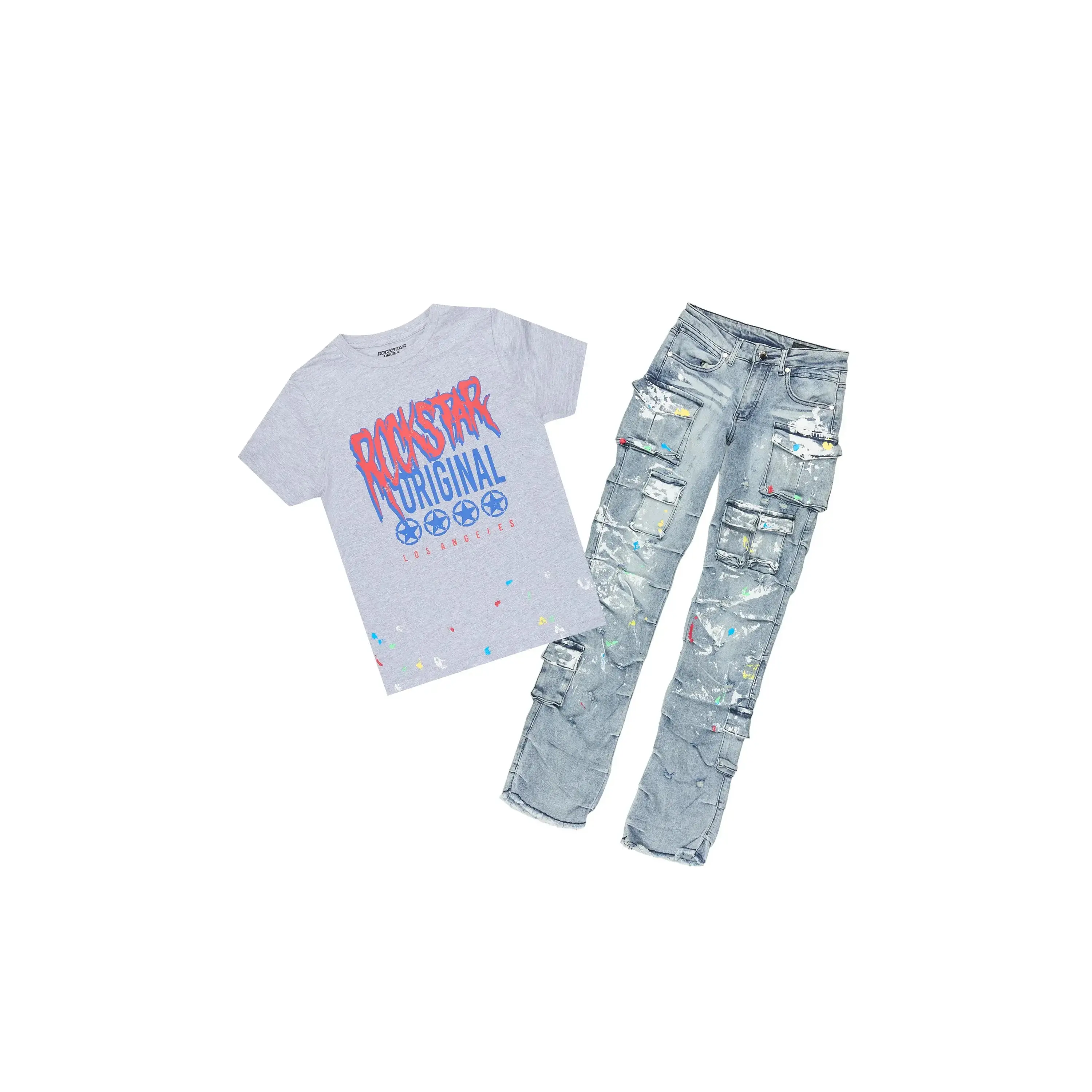 Boys Wizzma Grey/Blue T-Shirt Stacked Jean Set