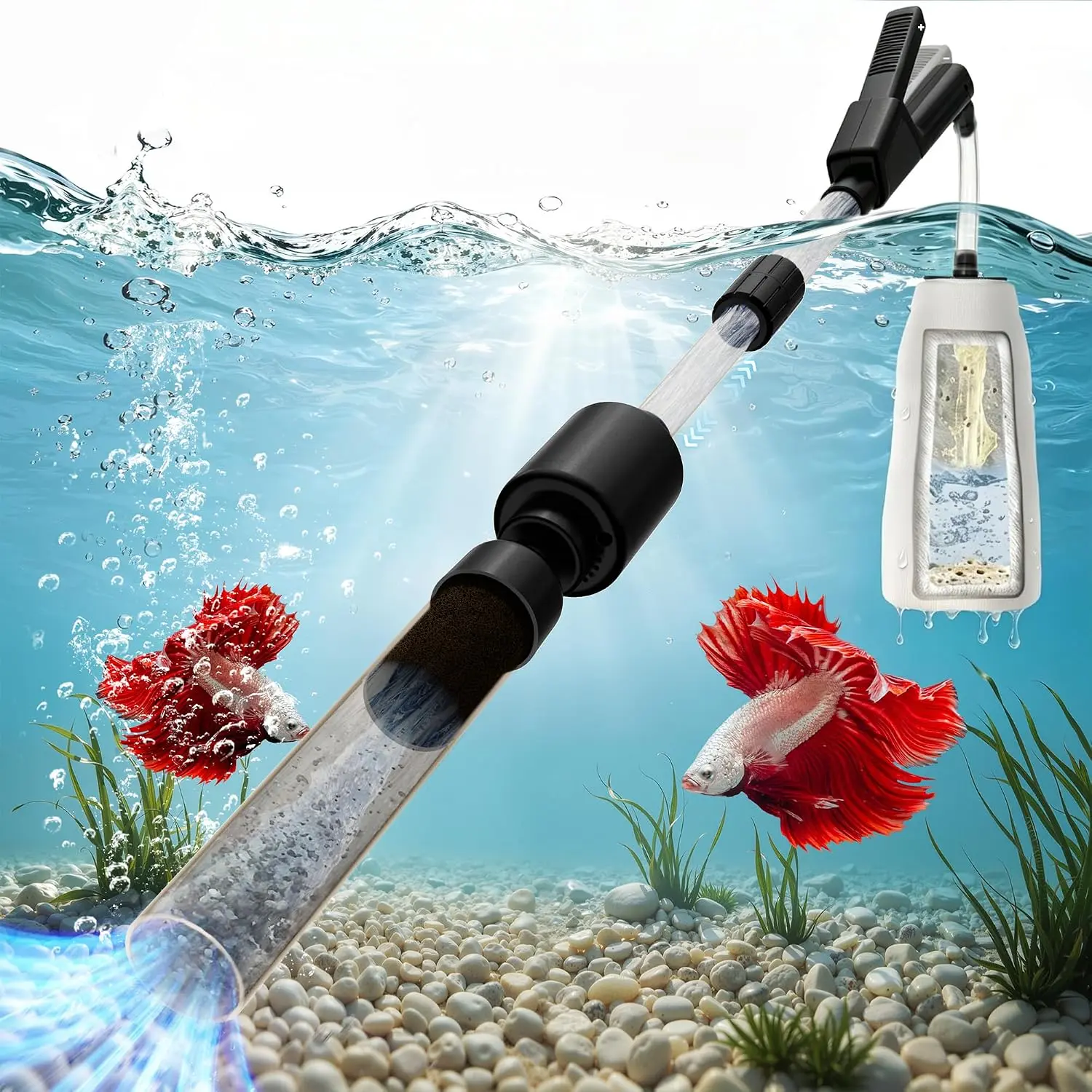 30-100 Gal Fish Tank Cleaner Vacuum Aquarium Vacuum Gravel Cleaner Electric | Adjustable Flow Sock Filter and Water Circulation，DC24V Strong Suction Quiet Pump for Fresh Salt Turtle Tank 110-220V univers