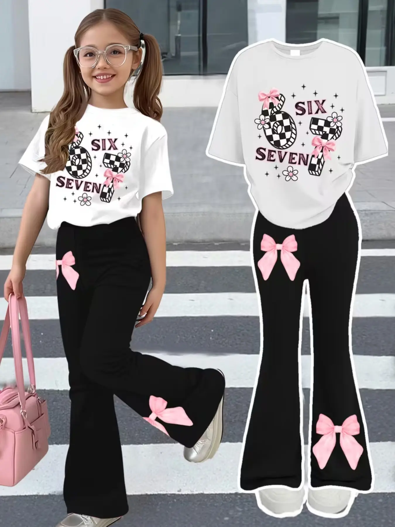 Girls' Bell Bottoms Short Sleeve T-Shirt Set, Casual Outfit Set, Summer Clothes Set, Fine Girls Outfit, Y2K Streetwear, Casual Fashion, High Stretch Soft Fabric, Perfect for Ages 4-13, Summer Outfits Set