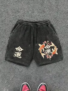 TikTok Viral Japanese Style Shorts, Koi Fish & Cherry Blossom Print, Kanji "Destiny" Streetwear Baggy Shorts, Elastic Waist Comfortable Casual Summer Shorts for Skate & Daily Wear