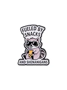 FUELED BY SNACKS  AND SHENANIGANS Quotation Brooch Pin, Cute Raccoon Badge for Briefcases Jackets Hats, Fashion Cartoon Accessory, All Seasons, Hat Pins