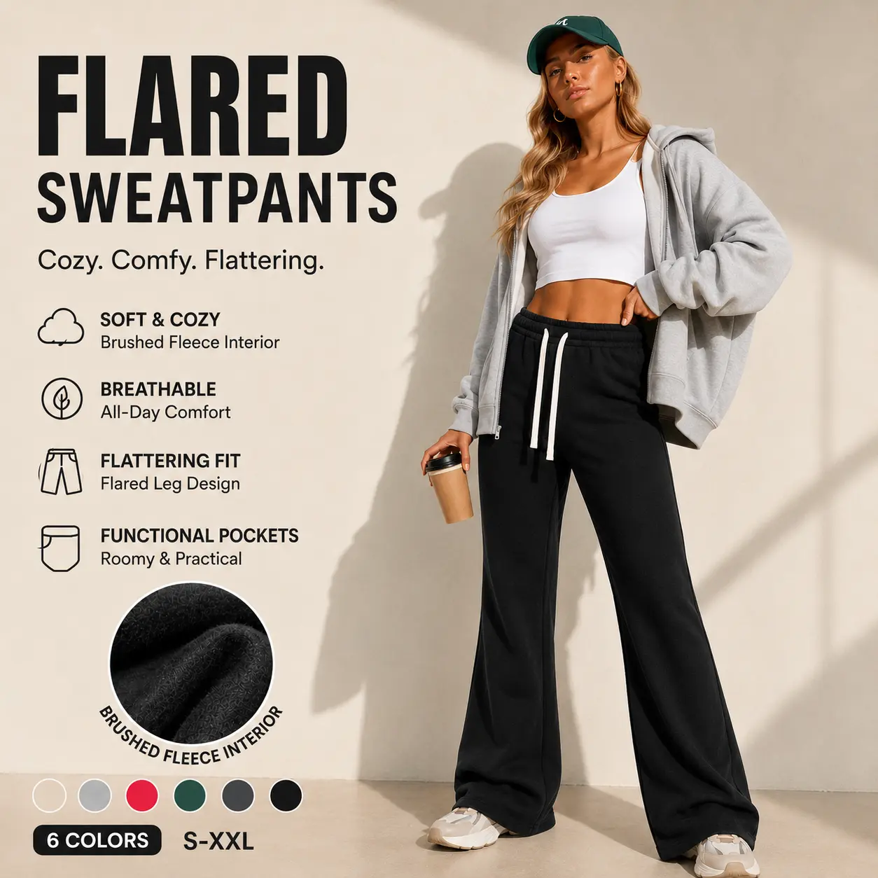 Women Fleece Lined Flare Sweatpants - Elastic Drawstring Casual Workout Bell-Bottom - Soft Cotton Blend High Waist Bootcut Pants