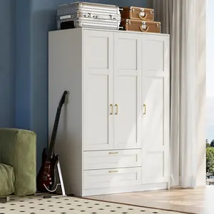 Wooden Armoire Wardrobe Closet, 66''H Clothing Storage Cabinet with Hanging Rod &2 Drawers, Freestanding Armoire for Bedroom, Laundry Room