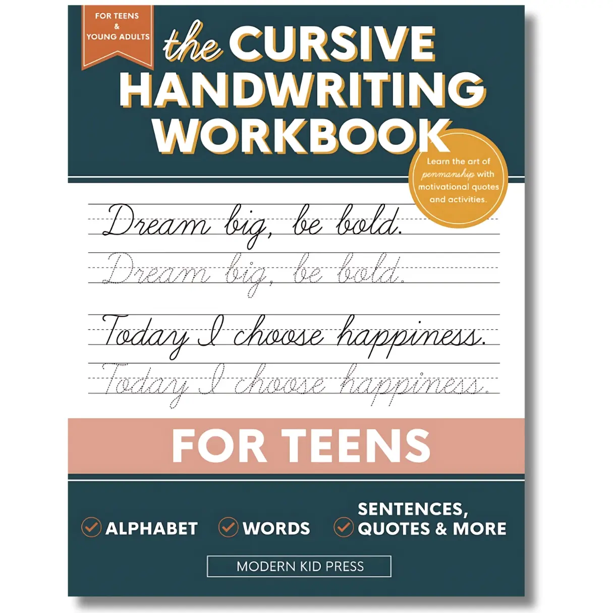 Cursive Handwriting Practice Learning Activity Set for Teens - Homeschool Supplies Textbook with Easy-to-Follow Instructions, Quotes, Activities, Energy Focus, Printed on High Quality Stock
