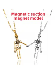 Vintage Skeleton Necklace for Couples Matching Hand in Hand Pendant Gothic Jewelry Unisex Fashion Accessory Trendy Halloween Gift for Men and Women