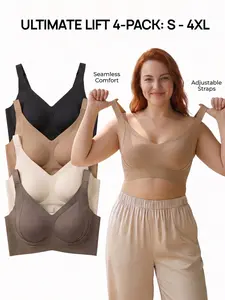 4-Pack Seamless Push Up Jelly Bra | Plus Size Wire-Free Ribbed bras for women Ultimate Lift & Cool Comfort | Soft Full Coverage Everyday T-Shirt Bralette (S-4XL) Style Womenswear