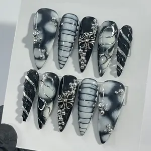 3D Drops Silver on Black Base Silver Cross Long Stiletto Press On Nails Goth , Gothic Fake Nails