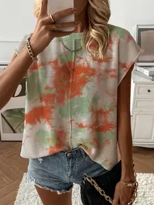 Summer Round Neck Short Sleeve Knit Top Blouse, Loose Fit, Colorblock Watercolor Tie Dye Print, Casual Elegant Commuter, Bikini Cover-Up, Womenswear