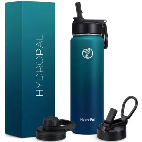 HydroPal Stainless Steel Flask - 25oz Portable Insulated Wide-Mouth Water Bottle, Powder-Coated Airtight Vacuum Flask for Hot & Cold Drinks, 500-1000ml Compatible, 2 Lids (Straw & Spout) for Active Lifestyle