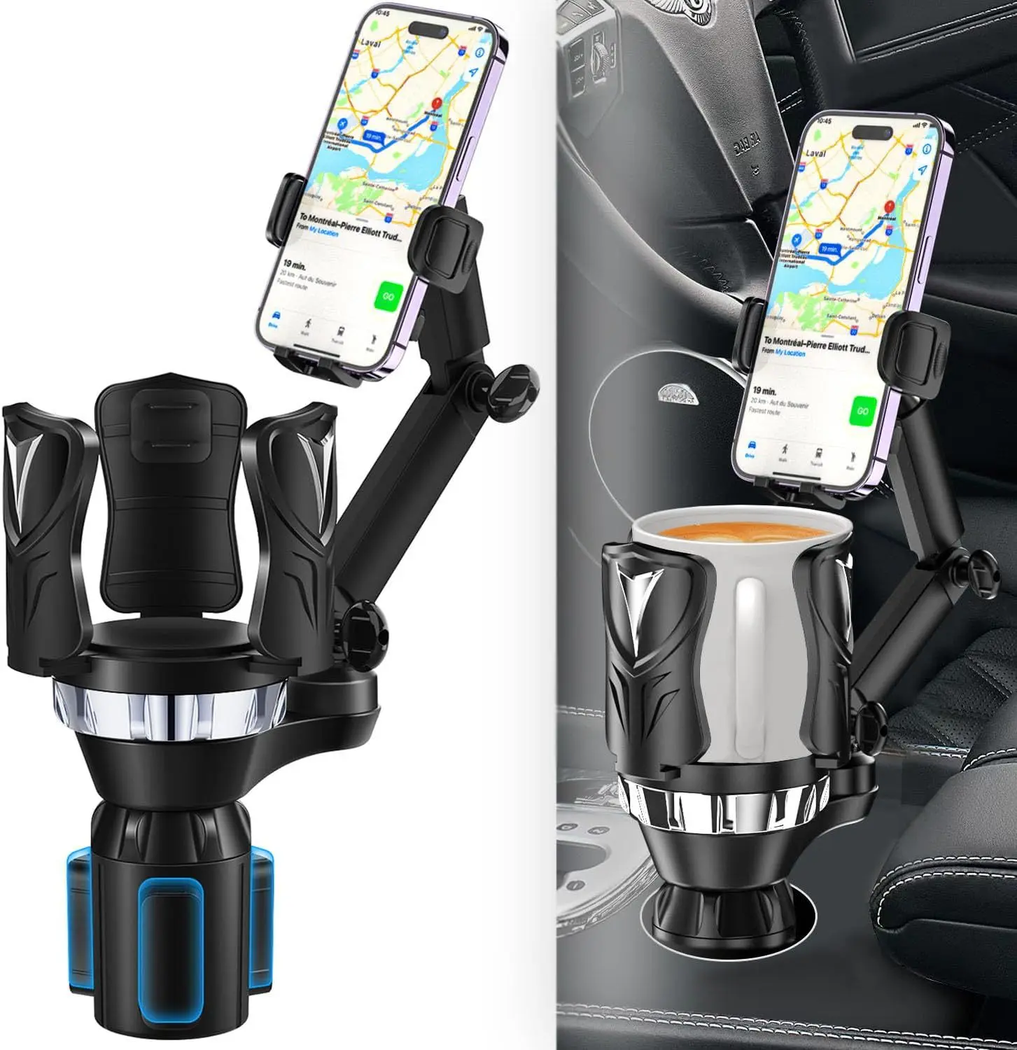Phone Holders for Your Car, 3 in 1 Cup Holder Phone Mount with Expander, Secure Hold, Adjustable Base and Long Arm with 360°Rotation Car Phone Holder for 4-7‘’ devices and Up to 5.31'' Most Bottles