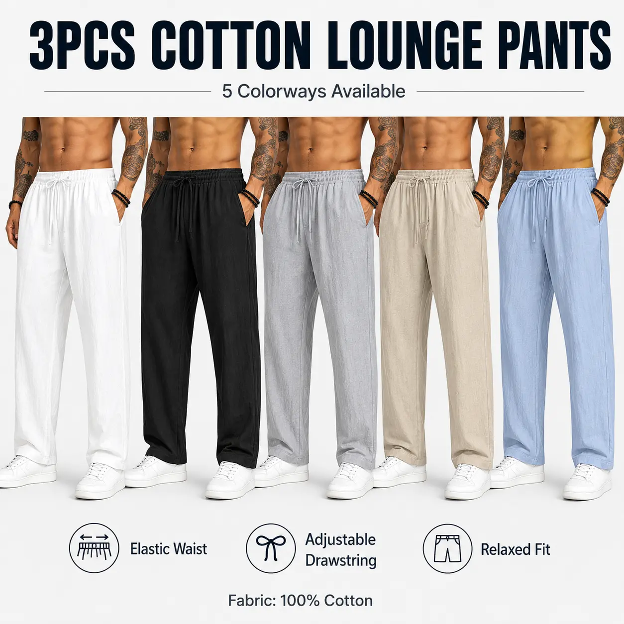 3-pack men’s casual pants, 100% cotton-linen comfortable, soft, breathable, lightweight drawstring pants with pockets, suitable for summer everyday wear, sports, leisure, and outdoor beach activities. 3-pack men’s casual pants, 100% cotton-linen comfortable, soft, breathable, lightweight drawstring pants with pockets, suitable for summer everyday wear, sports, leisure, and outdoor beach activities.