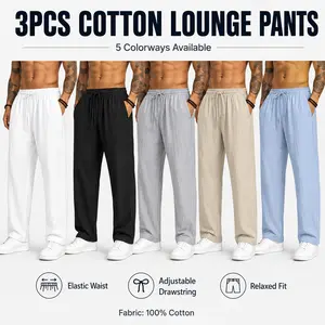 3-pack men’s casual pants, 100% cotton-linen comfortable, soft, breathable, lightweight drawstring pants with pockets, suitable for summer everyday wear, sports, leisure, and outdoor beach activities.