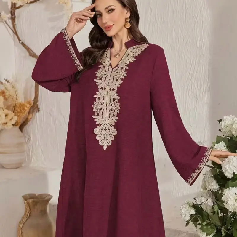 Middle Eastern Solid Color Elegant Loose-Fitting Tummy-Control Vacation Vintage Niche Design Long Sleeve Maxi Dress.. 6VM6V584W8