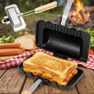 Non-Stick Hot Dog Sandwich Maker & Sausage Grill Press - Portable Camping Pie Iron with Heat Resistant Handle - Stovetop Toaster Pan for Corn Dogs, Brats & Breakfast Buns - Aluminum Cookware for Home Kitchen, Outdoor BBQ & Campfire Cooking