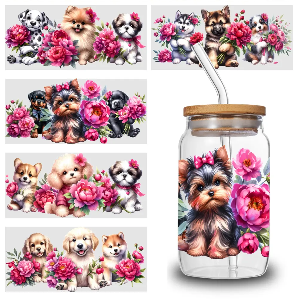 5 Sheets Cute Puppies UV DTF Waterproof Self-Adhesive Transfer Stickers for Glass Cups, Plastic Items, Backpacks, Hats, Jackets, Curtains, T-Shirts - Home Decor Labels for Cups Decoration