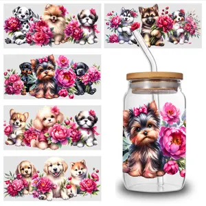 5 Sheets Cute Puppies UV DTF Stickers Waterproof Decals UV DTF Transfer Stickers for Glass Cups Plastic Self-Adhesive Labels Cups Decoration Glass DTF Transfer Stickers