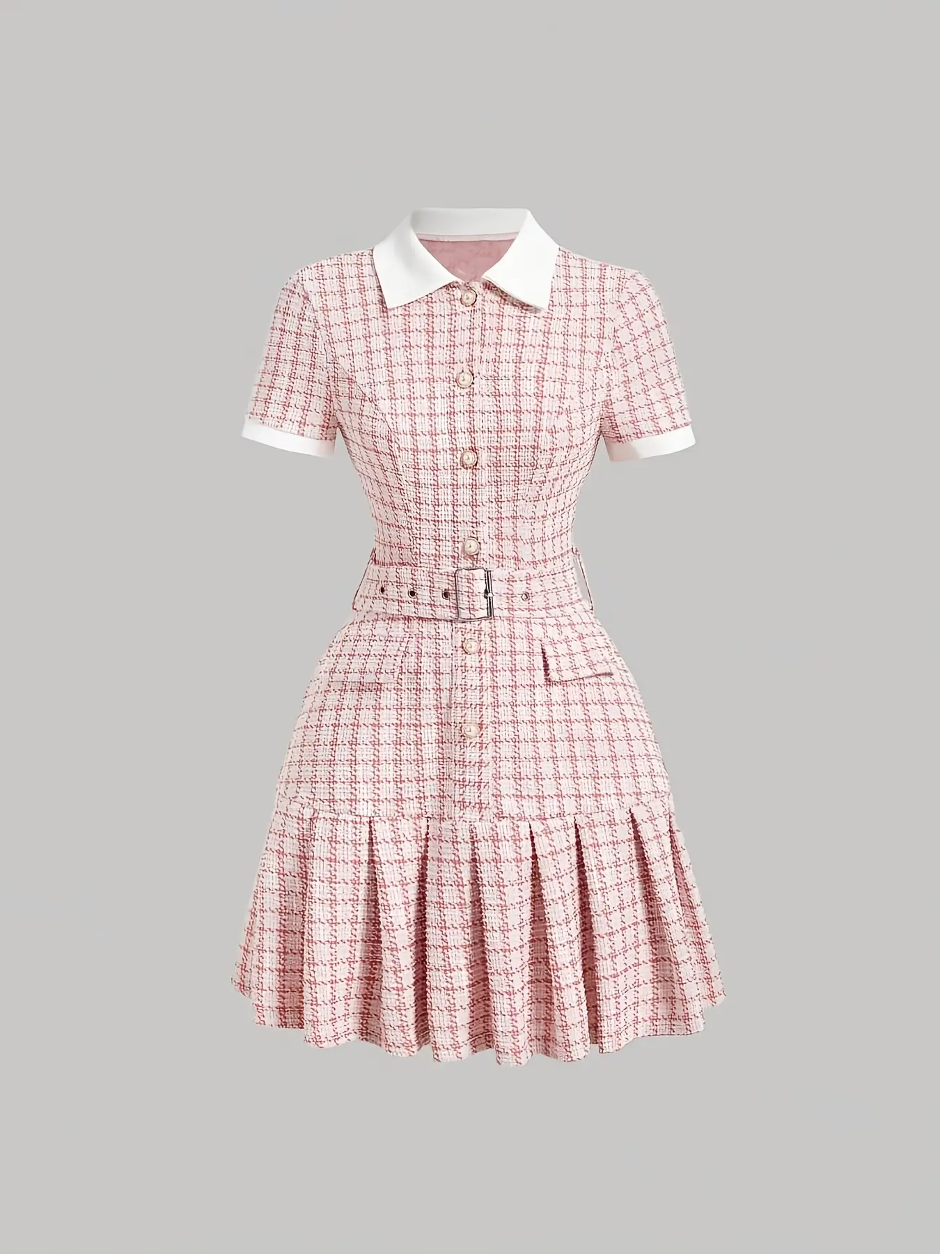 Women's Short Sleeve Dress with Vintage Chess Print Patchwork, Preppy Style, Casual Wear, Boho Casual Comfy, Lady, Slim Fit Pleated Skirt, School Look, High-Quality Waist Cinching, Fitted, Womenswear, Cap Sleeve Dress, Boho Casual Fashion