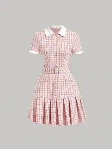 Women's Short Sleeve Dress with Vintage Chess Print Patchwork, Preppy Style, Lady, Slim Fit Pleated Skirt, School Look, High-Quality Waist Cinching, Fitted