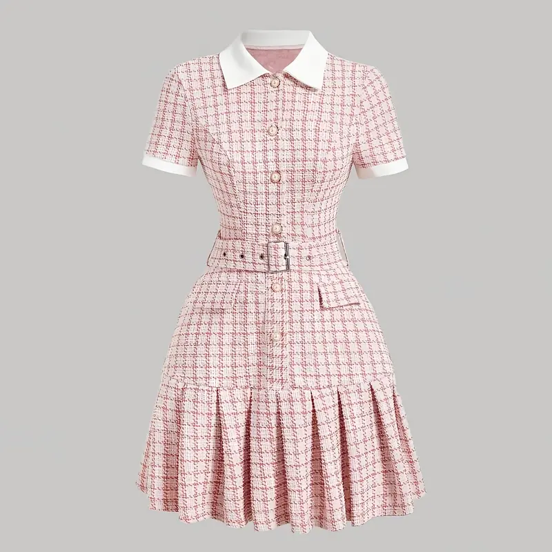 Vintage French Checkered Dress, Elegant Short Sleeve Dress with Chess Print, Pearl Button Decor, Detachable Waist Belt, Sweet Girl Dress