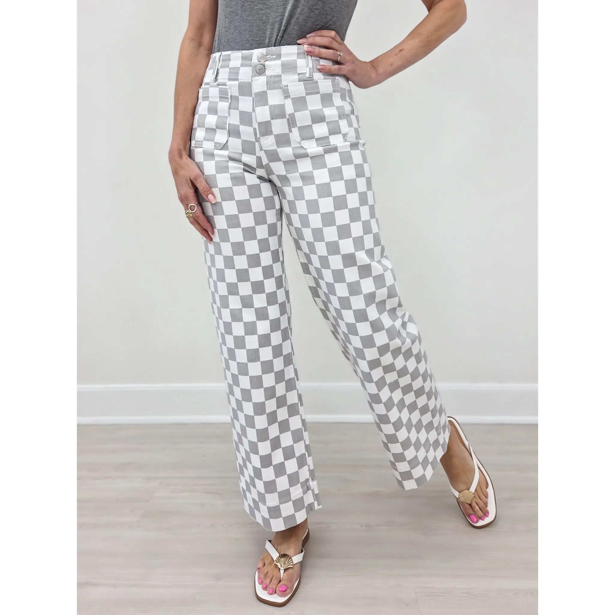 Mica Denim High-Rise Wide Leg Ankle Chess Print Jeans