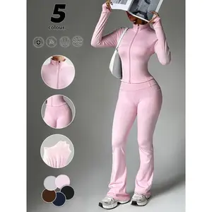 Women's Solid Color Zipper Jacket & Pocket Flare Pants Set, Sweatsuit With Pockets, Perfect for Yoga Gym Outdoor Sports, Comfortable Breathable Autumn Winter