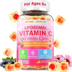 Liposomal Vitamin C 1000mg + D3 5000IU + Zinc Filled Gummies, Folate 800mcg Chewable Supplement, Elderberry for Immune, Hyaluronic Acid, VE, for Beauty, Energy & Overall Health, Sugar Free