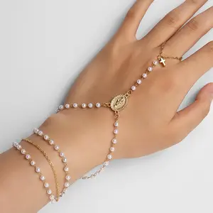 Pearl Gold Hand Chain Bracelet for Women Adjustable Finger Loop Dainty Minimalist Fashion Accessories for Daily Wear Trendy Stack Bangle