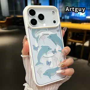 Dolphin With Butterfly Pattern Magnetic Phone Case for iPhone 17 16  Pro Max Plus 15 14 13 12 11 Air E Non-Yellowing Clear Crystal Drop-proof Slim Silicone Shockproof Transparent Acrylic Cover Supports Wireless Charging