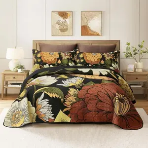 3 Piece Black Boho Floral King Size Quilt Sets Reversible Farmhouse Botanical Lightweight Bedspread Coverlet with 2 Shams Mid Century Microfiber Fall Bedding Quilts Set for All Season,106''x96''