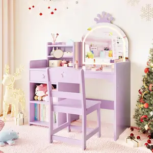 GAOMON Child-Friendly Wooden Lighted Vanity Set with Chair, 2-in-1 Princess Makeup Desk with Crown-Shaped Design, Open Bookshelf, Storage Cabinet for Little Girls, Purple Modern Dressing Table