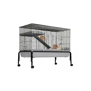 Multi-Level Ferret Cage with Storage Shelf, Large Metal Small Animal Hutch for Chinchillas Rabbits Hamsters, Escape-Proof DIY Playpen with Ramps & Platforms, Rolling Indoor Pet House Toy Starter Kit, Secure Double Doors, Black
