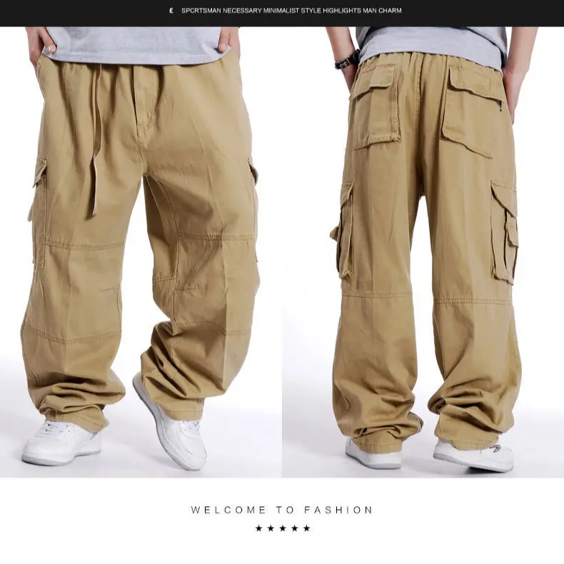 Mens Plus Size Wide Leg Cargo Pants - High-Stretched, Size-Inclusive, Multi-Sized Menswear Trousers, Extra Loose Fit, Hip Hop Style, Multi-Pocket Casual Pants for Big Men, High-Stretched Men's Pants