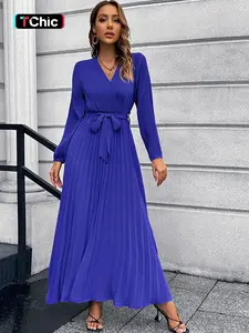 Elegant Women's Long Sleeve Cross Neck Belted Fitted A-Line Woven Dress, Casual Fashion for All Seasons, Perfect for Outdoor Activities