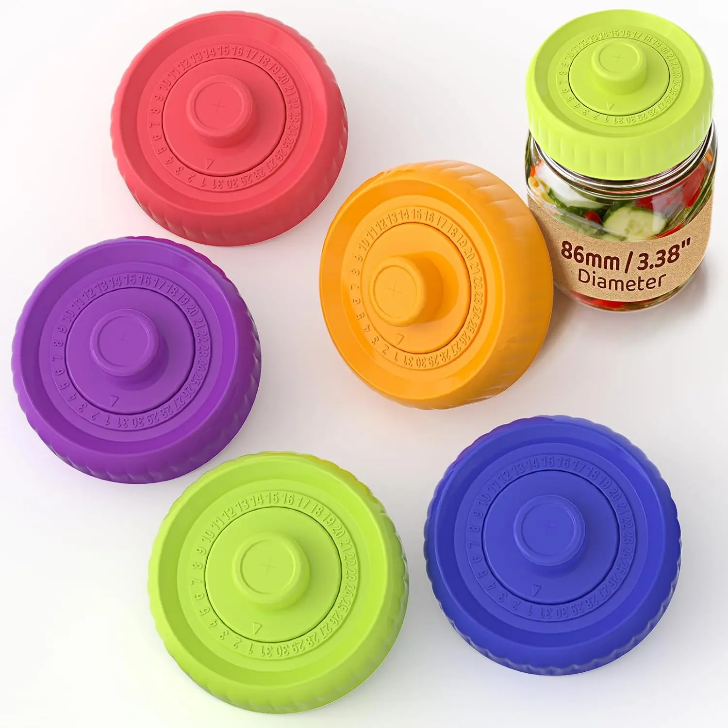 Fermentation Lids, Self-Burping Airlock Lids for Wide Mouth Mason Jars (86mm)|Heavy-Duty 100% Silicone, One-Piece Seamless Hygienic Design|Upgrade Your Jar for Sauerkraut & Kimchi (5-Pack Rainbow)
