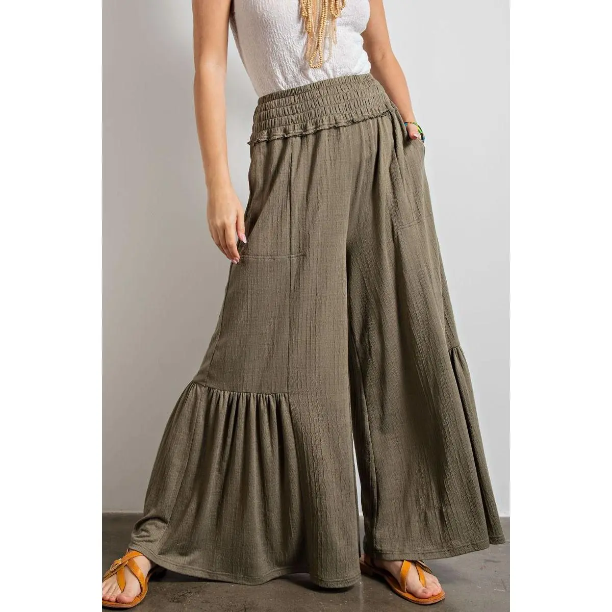 Easel Wide Palazzo Pants - Faded Olive