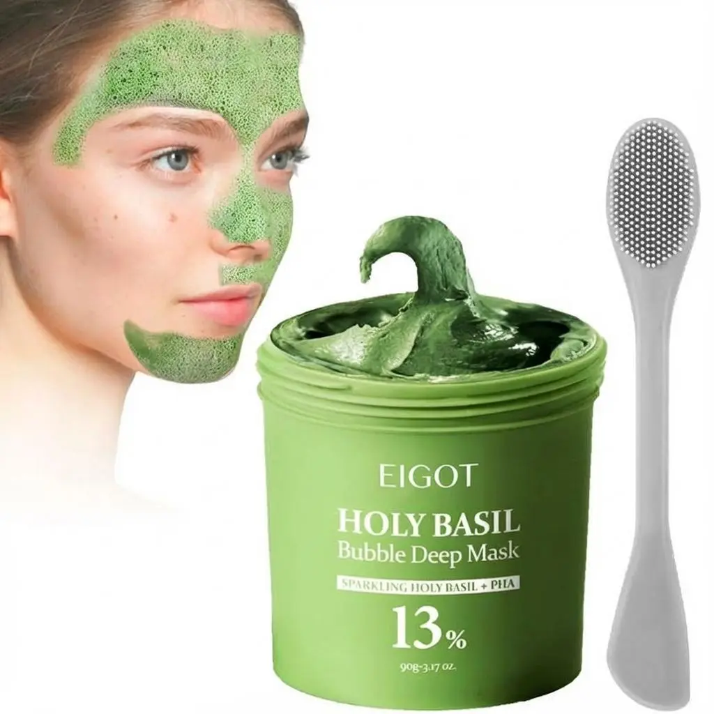 EIGOT Holy Basil Bubble Deep Cleansing Mask 90g - Korean Clay Bubble-Filled Face Mask with Holy Basil & PHA, Pore Cleansing & Blackhead Removal, Includes Massage Spoon, Korean Face Masks, Clay Face Masks