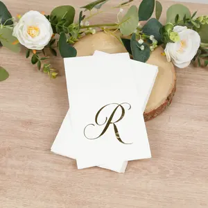 100-Pack Paper Dinner Napkins White with Gold Foil Monogram "R" – 8"x4" Folded, Disposable Party Napkins