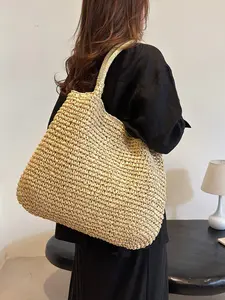 2026 New Farmhouse Charm Style Straw Tote Bag, Versatile Lazy Large Capacity Shoulder Bag, Commuter Handbag, Beach Vacation Bamboo Crafted Woven Bag