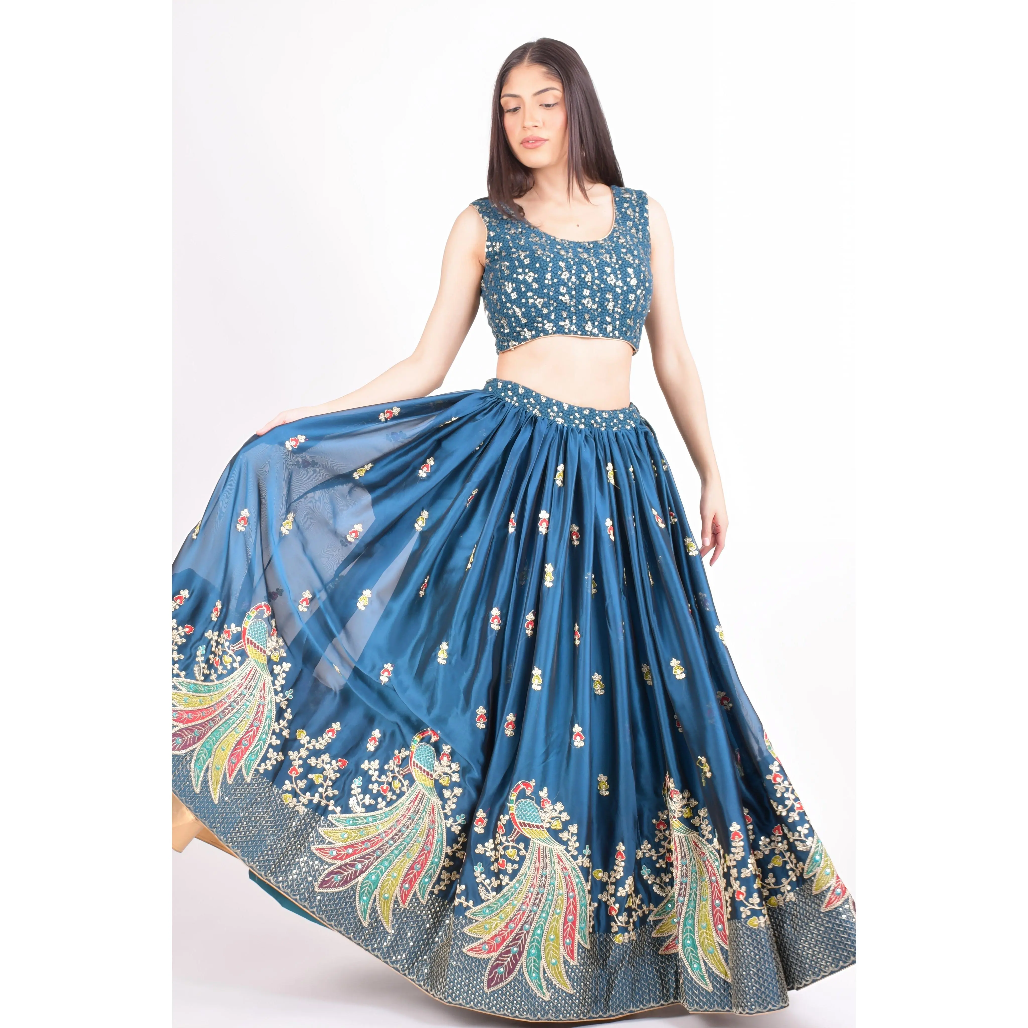 Sequins Teal Blue Lehenga Choli with Embroidery