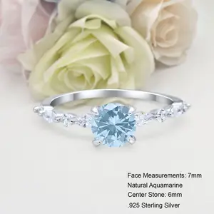Art Deco Solitaire 0.84CT Natural Aquamarine Bridal Band Women Ring Wedding Engagement Round Shape Ring 925 Sterling Silver 7mm