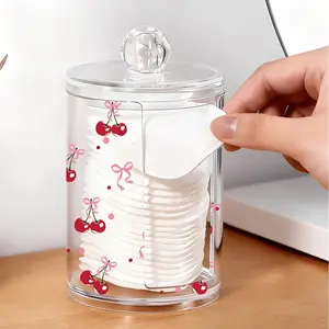Cute Bow Print Cosmetic Cotton Pad Storage Box, Cotton Swab And Dental Floss Storage Jar, Acrylic Transparent Material Cosmetic Pad Jar, Cosmetic Storage Box, Suitable For Home, Office, Desktop, Home Organizers