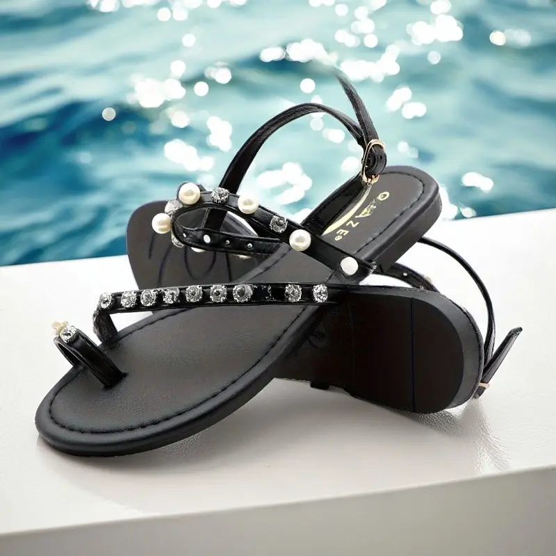 Women's Open-Toe Slide Sandals - Leather Upper, Flat Sole, Lightweight, Plain Color, Slide-On Design, Casual Comfortable Daily Wear Footwear