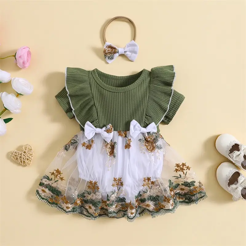 Infant Baby Girls Romper Dress Flower Embroidery Knit Rib Ruffles Crew Neck Jumpsuits Summer Bodysuits with Bow Headband